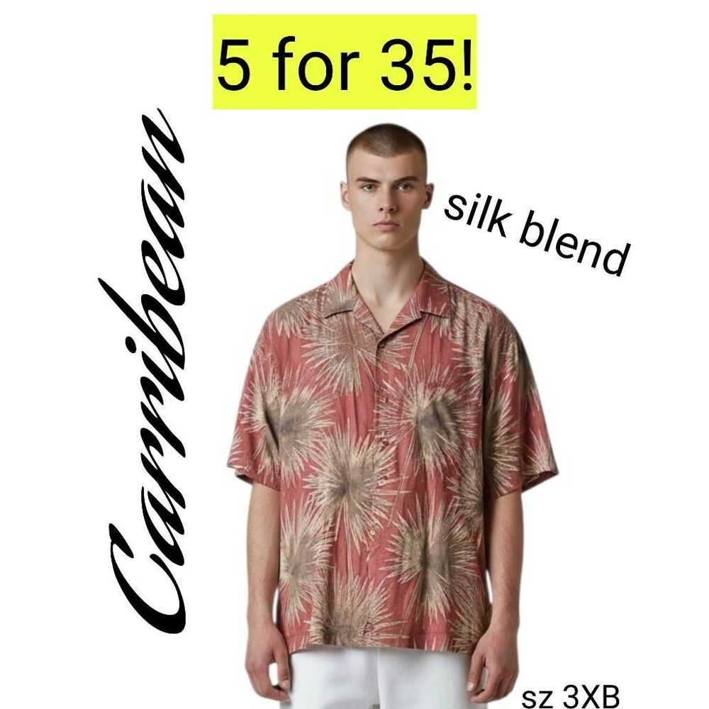 Caribbean Neutral Red & Green Silk Blend Hawaiian Short Sleeve Shirt 5 for 35